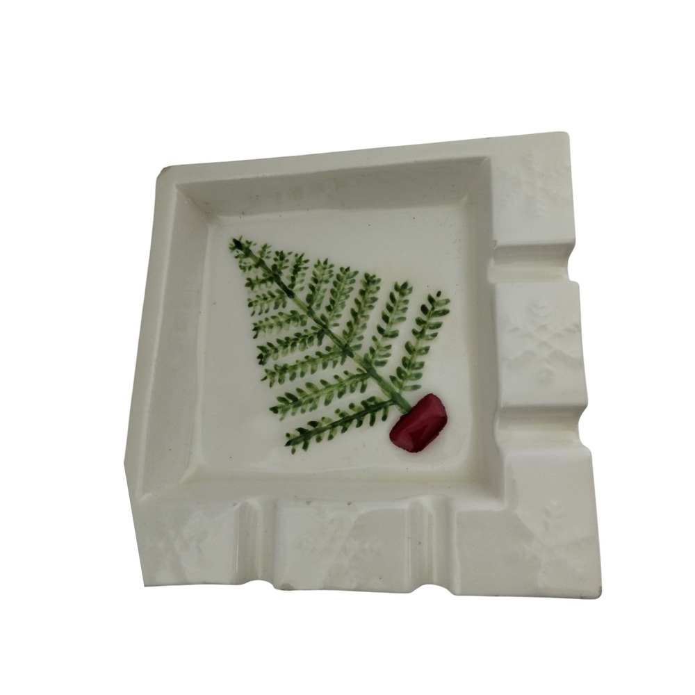 Vintage Ceramic Pine Branch Ashtray‎ Trinket Dish Embossed Snowflakes 5.75"